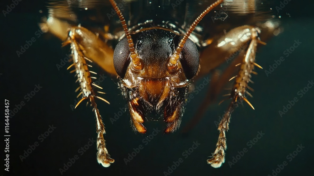Poster close up of an upside down cockroach isolated on a dark background highlighting its detailed feature