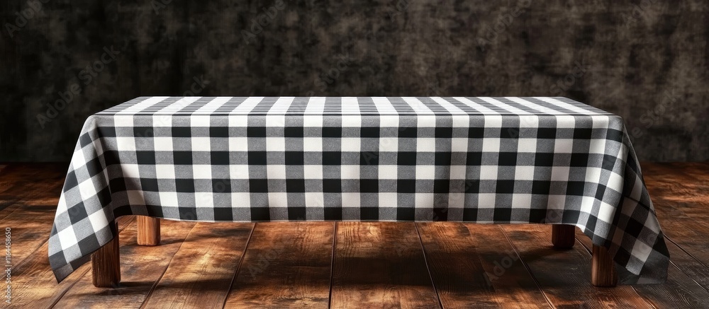 Poster checkered tablecloth on an empty wooden table providing a rustic backdrop for montages or display se