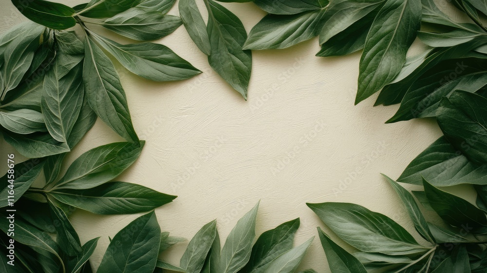 Poster fresh green summer leaves arranged in a circular frame creating a natural textured background with s