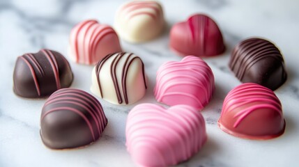 Obraz premium Heart-shaped chocolate candies in pink, red, and white coatings arranged artistically on a marble surface for festive occasions.