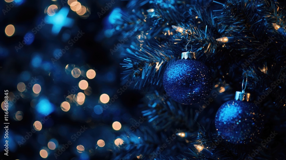 Poster blue bokeh background with christmas decorations creating a soft and festive atmosphere ideal for se