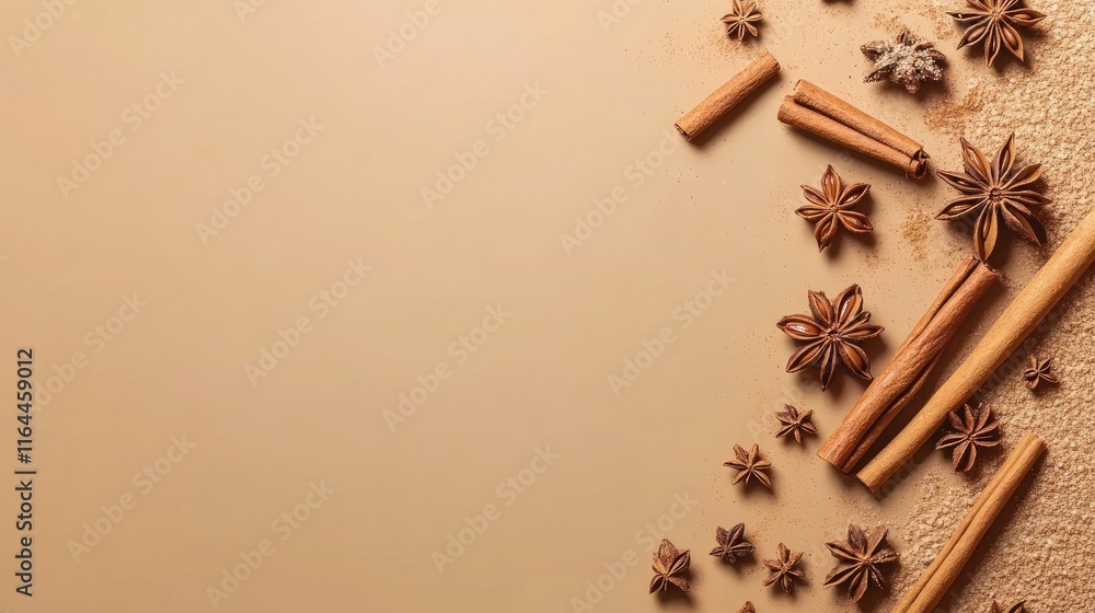 Poster cinnamon sticks and star anise arranged on a brown background with empty space for text or design el