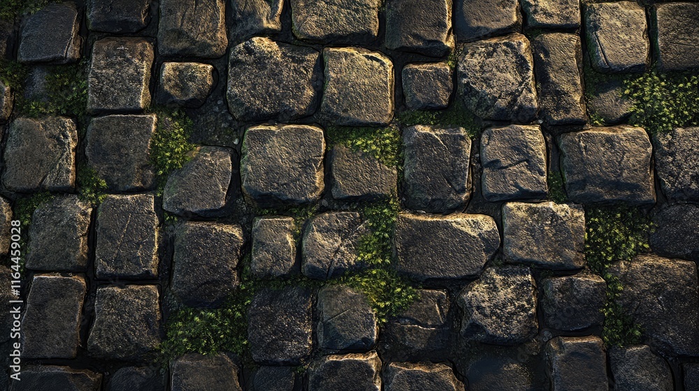 Aufkleber cobblestone pavement featuring lush moss growth between the stones creating a rustic and textured su