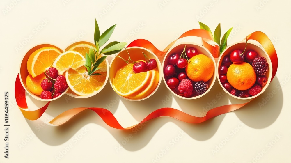 Poster citrus fruits and berries elegantly arranged in abstract baskets with ribbon accents creating a vibr