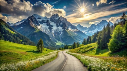 Obraz premium Scenic winding road through vibrant alpine meadows towards majestic snow-capped mountains under a bright sun