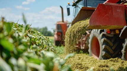 Feed loader delivering silage to agricultural machinery in field setting with blue sky and green crops during harvest season
