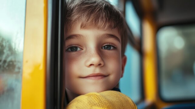 Cute schoolboy gazing through bus window with a thoughtful expression back to school theme education concept copy space for text