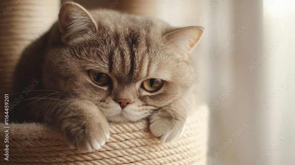 Poster close up of a sleepy cat resting on a scratching post in a cozy indoor setting with soft natural lig