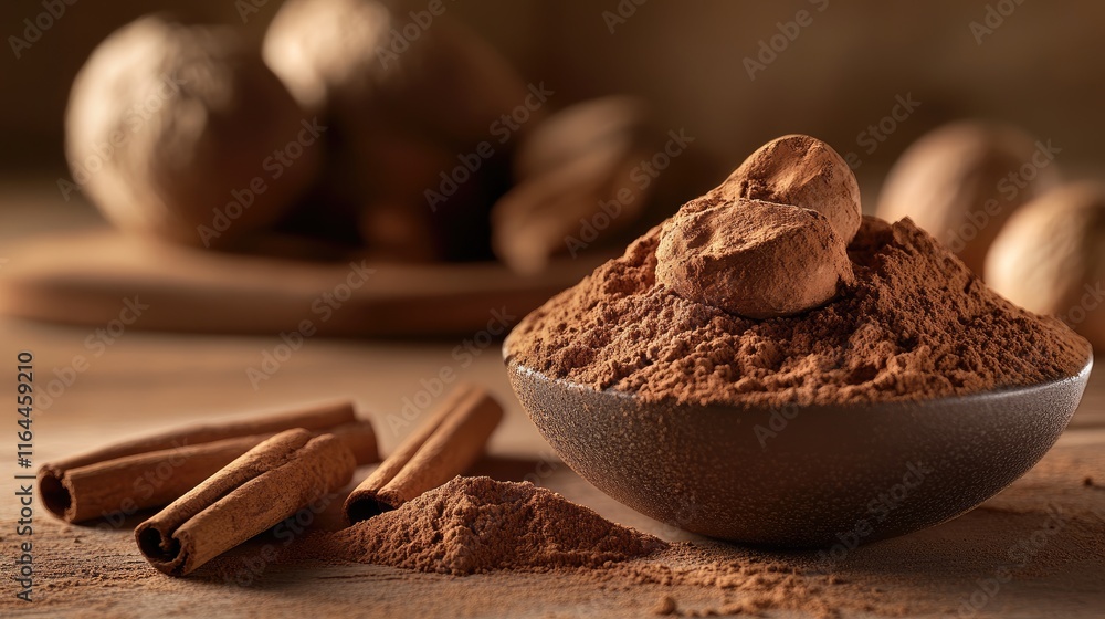 Poster cinnamon coffee and nutmeg spices in a rustic setting with whole nuts and cinnamon sticks on wooden 