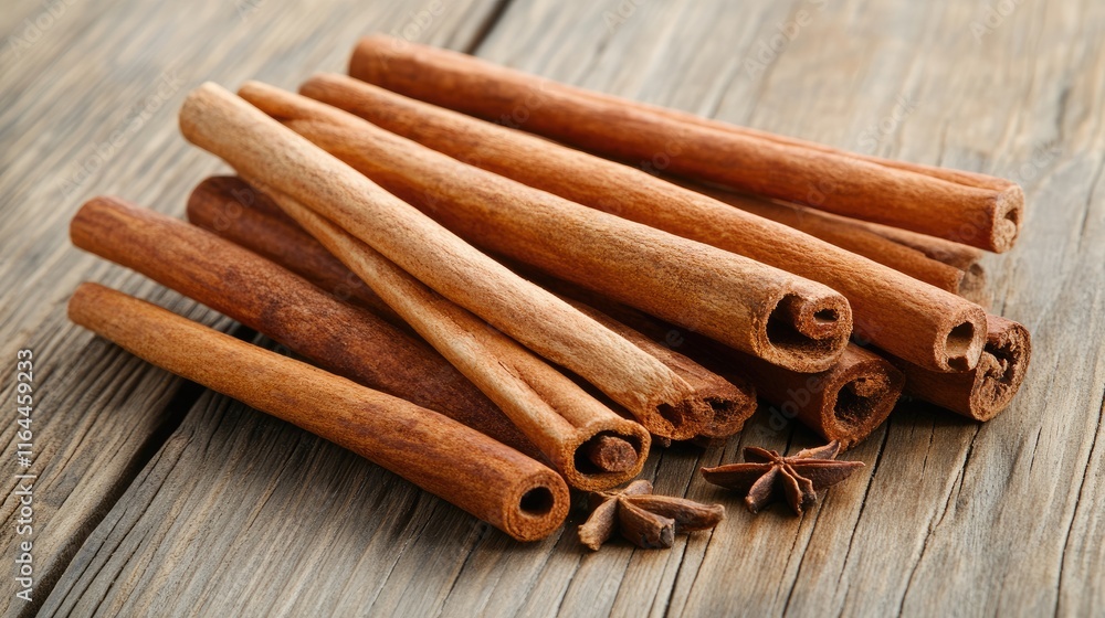 Poster cinnamon sticks and assorted spices arranged on a rustic wooden table background showcasing natural 