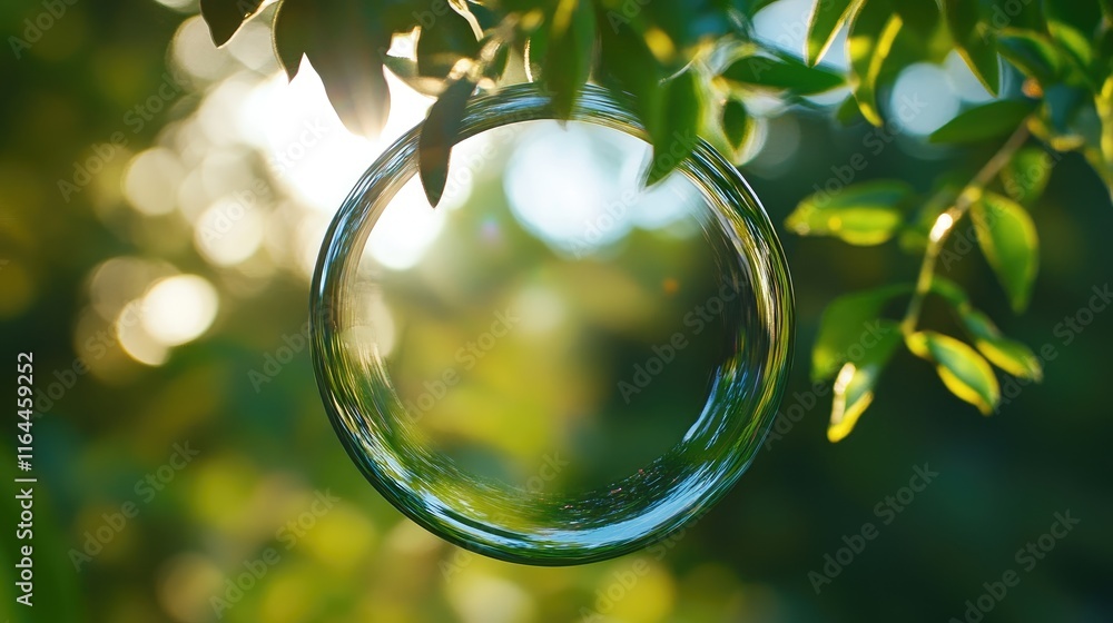 Aufkleber bokeh effect with a soap bubble hanging on green leaves illuminated by soft sunlight in a serene nat