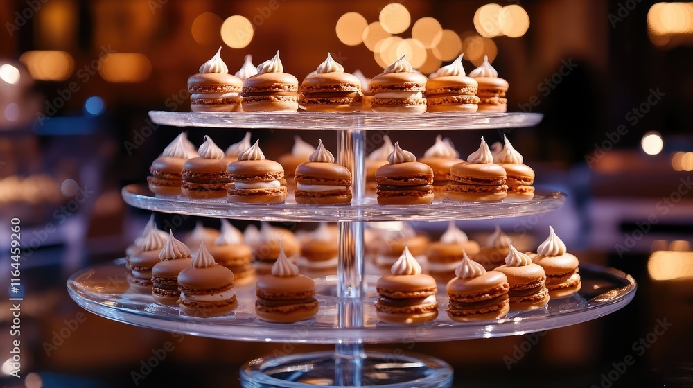 Poster elegant caramel macarons arranged on a multi-tiered display for an exquisite dessert presentation at