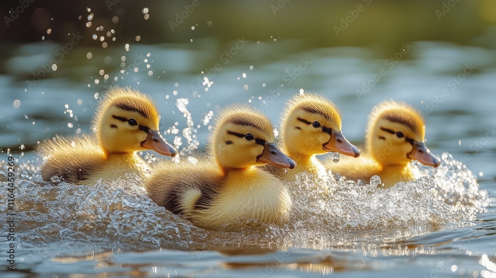Aufkleber ducklings splashing in water creating dynamic ripples on a serene lake during a sunny day capturing 