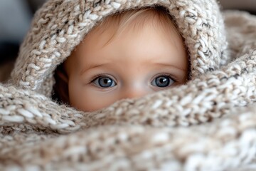 A delightful close-up of a baby nestled in a cozy knitted blanket, showcasing expressive eyes that reflect curiosity and innocence in a loving and warm environment.