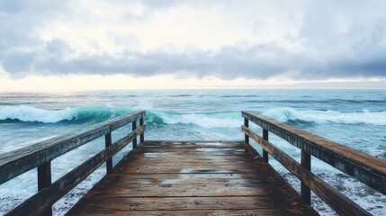 Obraz premium serene coastal pier view overlooking tranquil ocean waves and dramatic cloudy sky during sunset for travel and nature themes