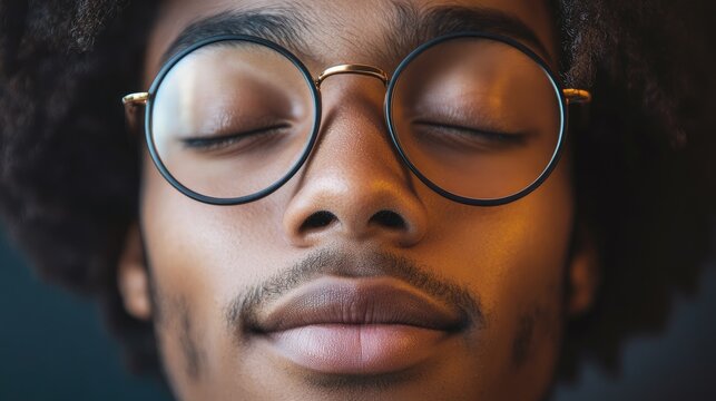 Portrait of a peaceful individual with closed eyes wearing glasses showcasing tranquility and introspection in a serene setting