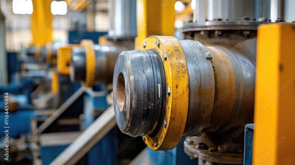 Poster industrial technician inspecting piping components in a modern factory setting with focus on machine
