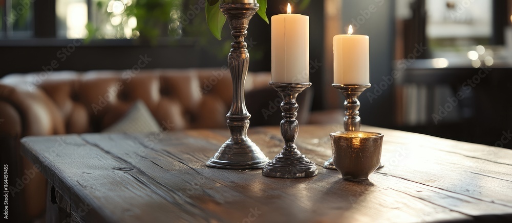 Poster elegant candle holders with flickering candles on a rustic wooden table creating a warm and inviting