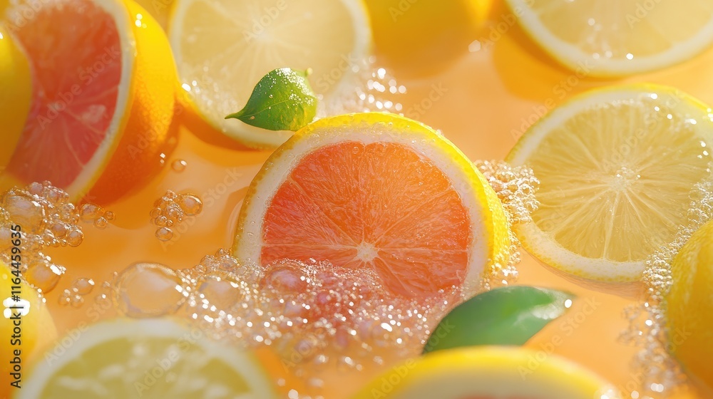 Poster citrus lemonade with fresh lemon and orange slices in sparkling water creating a refreshing summer b