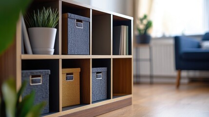 Modern indoor cube storage solution with stacked compartments and decorative items enhancing organization in contemporary living space