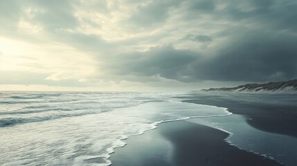 Obraz premium Serene coastal landscape with gentle waves on a sandy beach under moody skies showcasing tranquil natural beauty.
