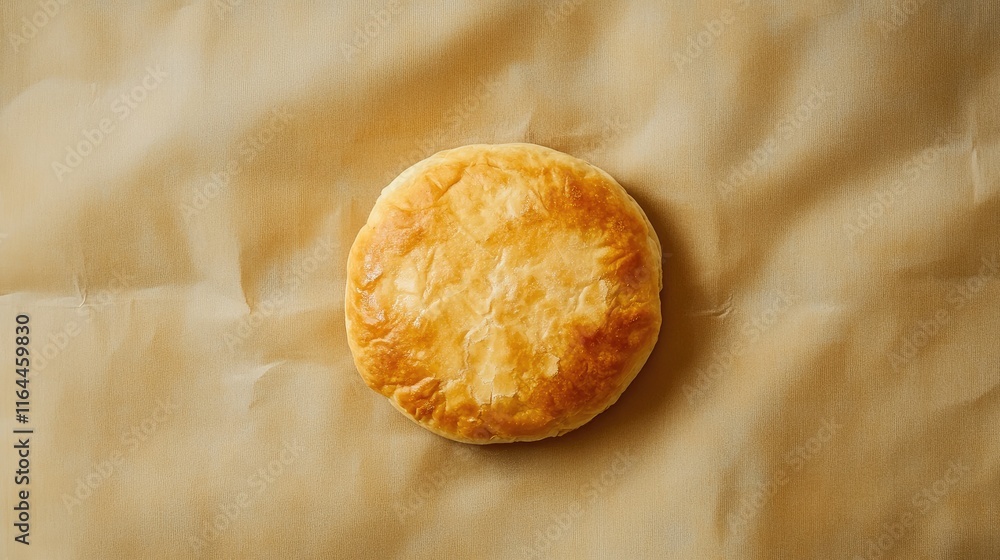 Poster freshly baked circular bread positioned on a rustic paper background showcasing its golden crust and