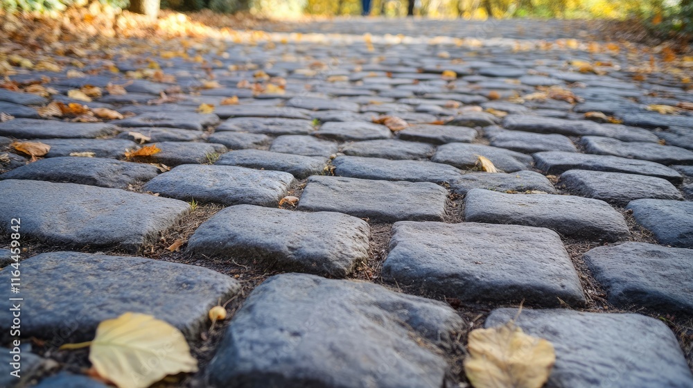Poster cobblestone path adorned with autumn leaves creating a picturesque fall scene in a tranquil park set