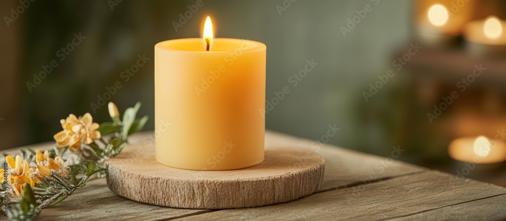 Poster warm wax candle illuminating a rustic wooden table creating a cozy and inviting atmosphere with soft
