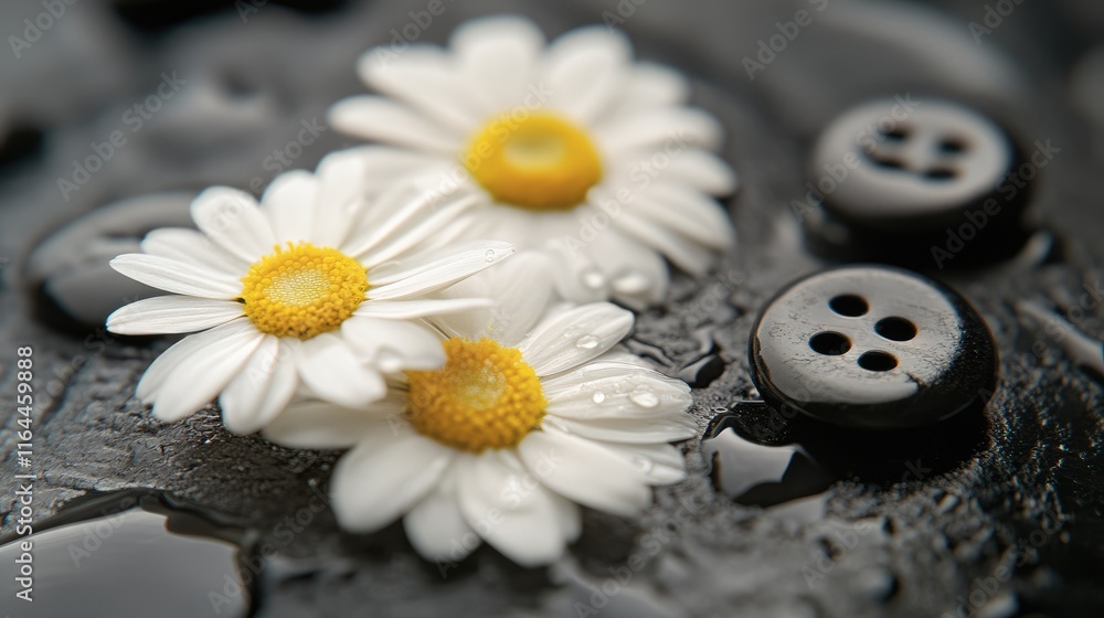Poster daisies and black buttons arranged artistically on a wet surface creating a striking contrast in tex