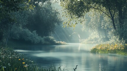 A serene landscape featuring a tranquil river gently flowing through a lush, verdant forest. Sunlight streams down through the canopy, creating a soft, ethereal glow that dances upon the water's surfa