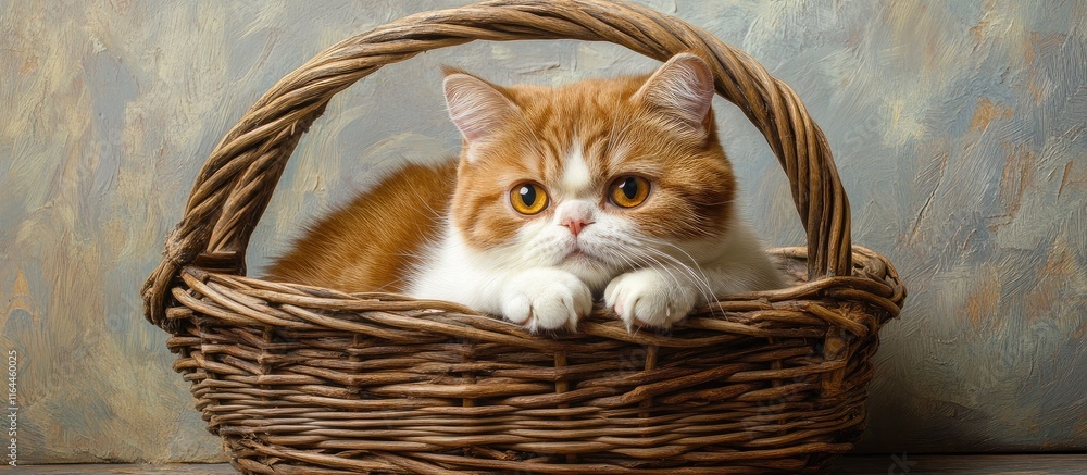 Poster charming brown and white cat with yellow eyes relaxing in a rustic wicker basket on a softly texture