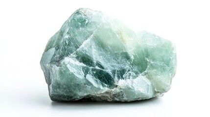 Obraz premium Close up view of a light green gemstone featuring natural textures and colors isolated on a clean white background for product display