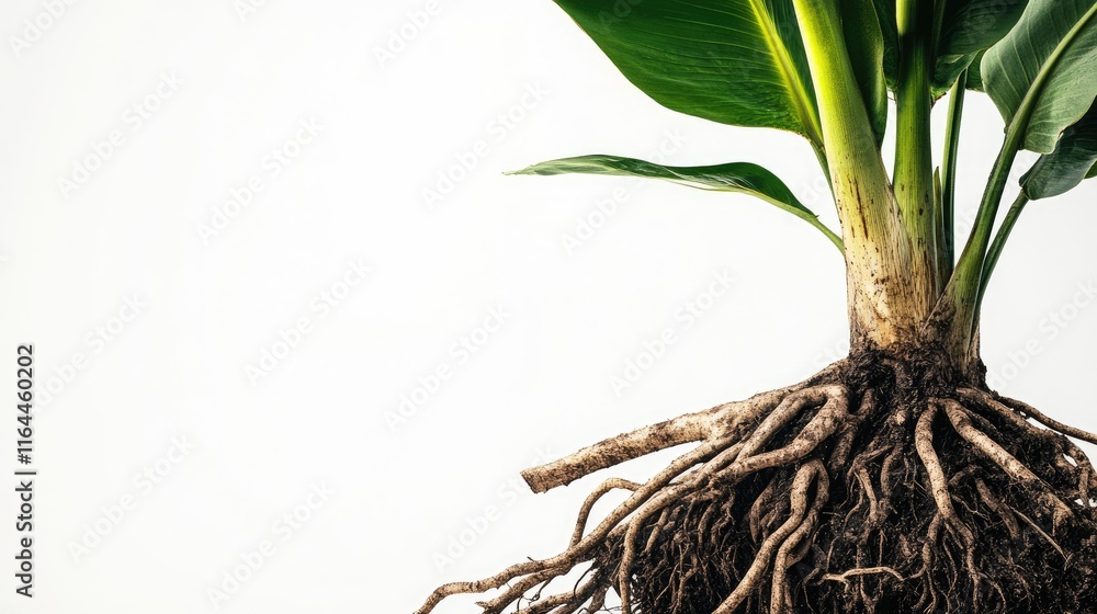 Poster detailed macro shot of banana plant root system showcasing intricate structures against a clean whit