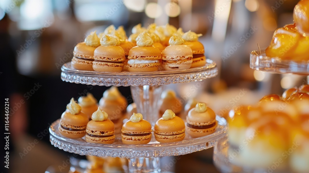 Poster elegant display of caramel macarons arranged on a multi-tiered stand in a chic dessert setting.