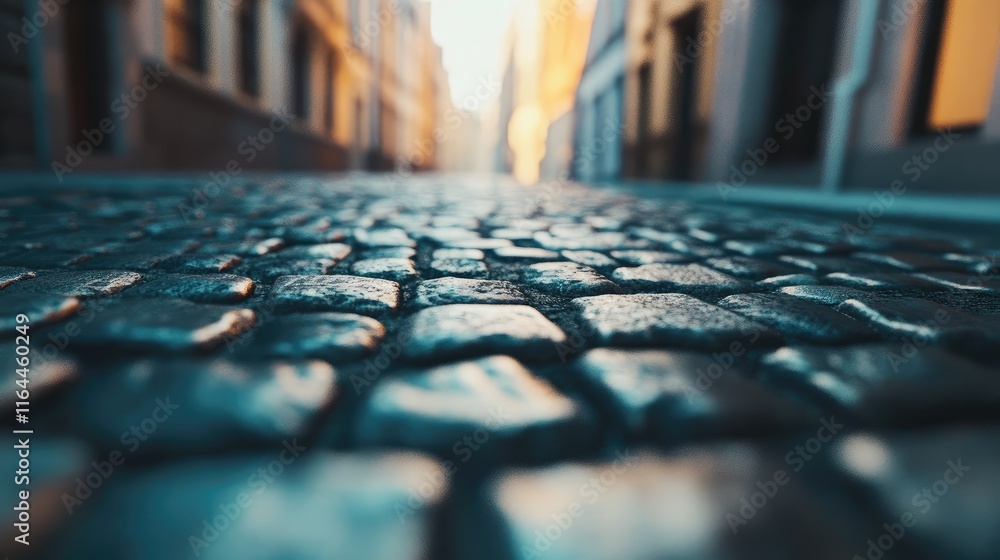 Poster cobblestone street background with soft focus on pavement creating an abstract urban scene in warm s