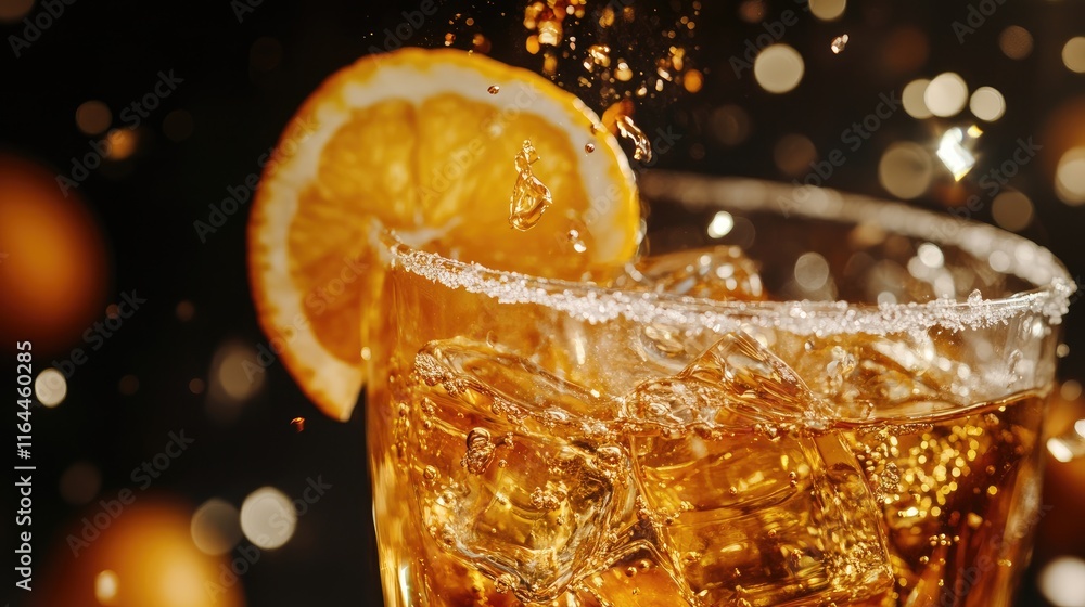 Poster Refreshing cocktail with orange slice and ice against a blurred bokeh background capturing splashes and vibrant colors.