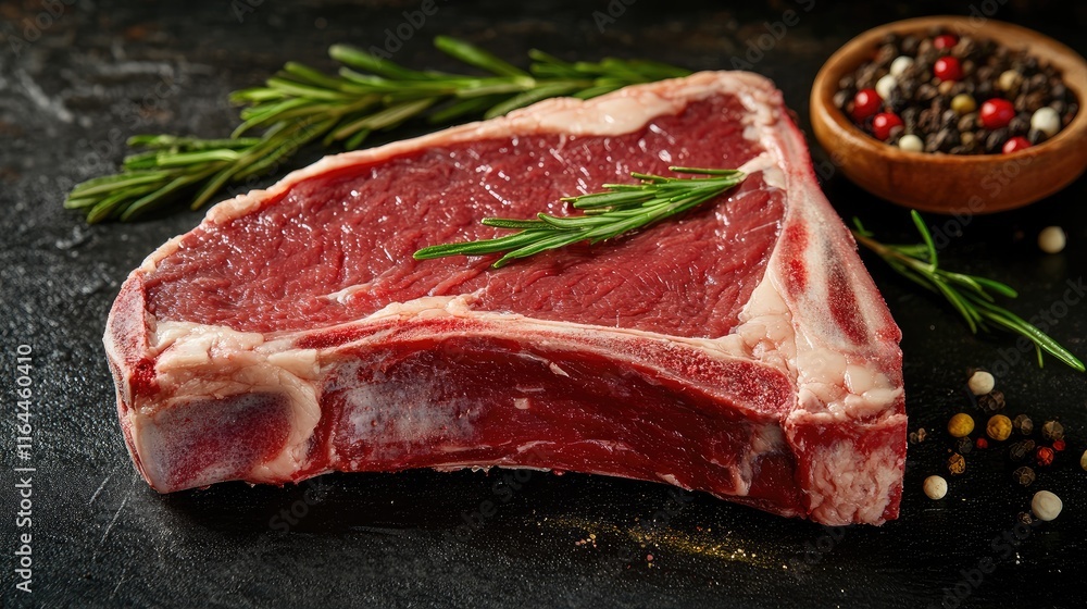 Poster close up of raw t bone steak with rosemary and spices on dark rustic background in butcher shop cont