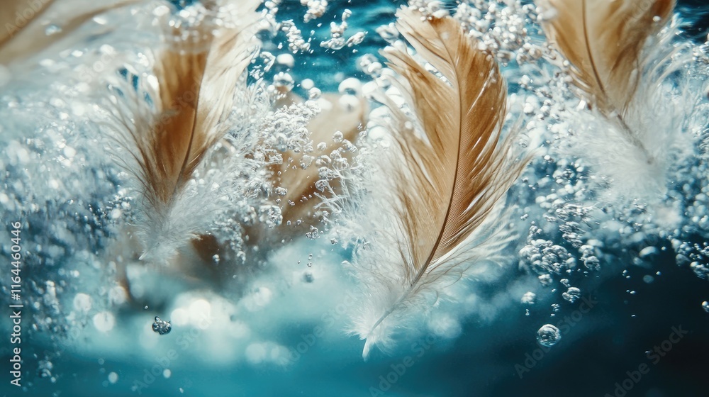 Poster close up of delicate feathers submerged in water with sea foam and bubbles creating a tranquil under