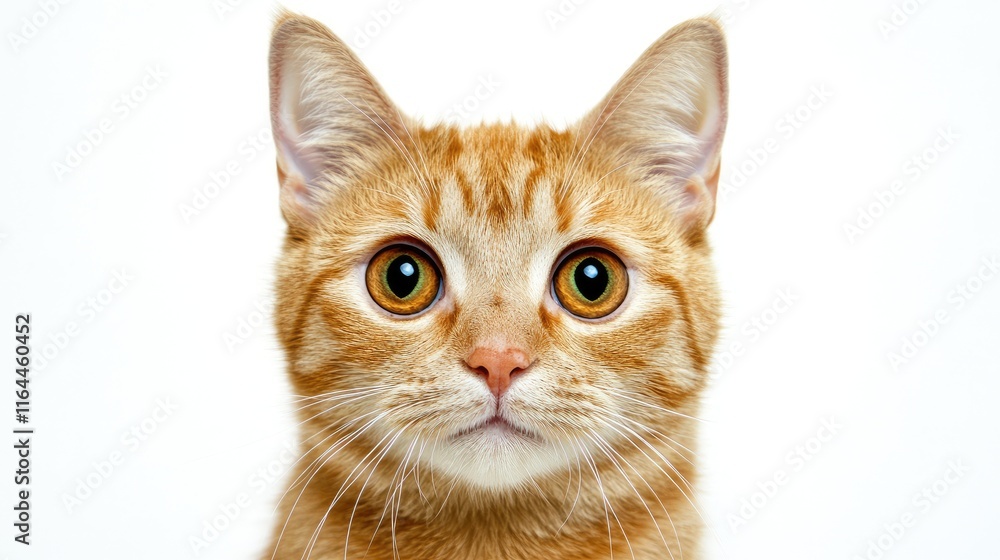 Poster close up portrait of a curious orange cat with large eyes on a clean white background showcasing its