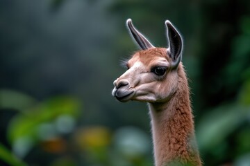 Obraz premium A close-up of a curious llama reveals its gentle features and unique fur texture, inviting the viewer to appreciate the intricacies of wildlife in a forest setting.