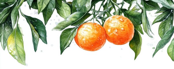Obraz premium Two vibrant oranges hanging on lush green leaves create a fresh, nature-inspired scene, symbolizing vitality and abundance.
