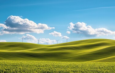 Fototapeta premium Lush Green Hills with Wind Turbines Under a Clear Blue Sky