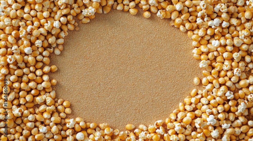 Poster circle of organic popcorn kernels arranged on a textured background creating a natural and appetizin