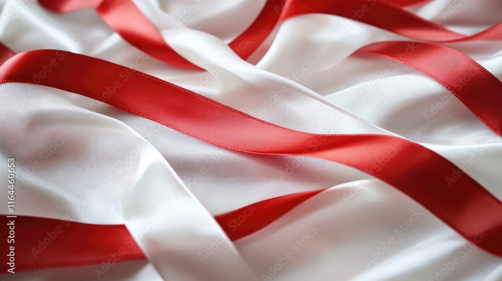 Poster close up of elegant fabric texture featuring flowing red and white ribbons in a soft draped arrangem