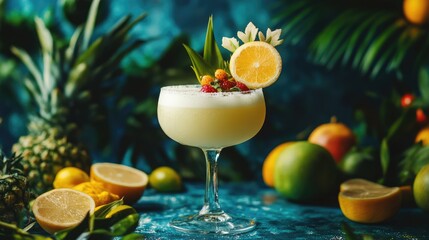 Tropical cocktail with fresh fruit garnishes surrounded by vibrant greenery and colorful fruits on a blue textured background