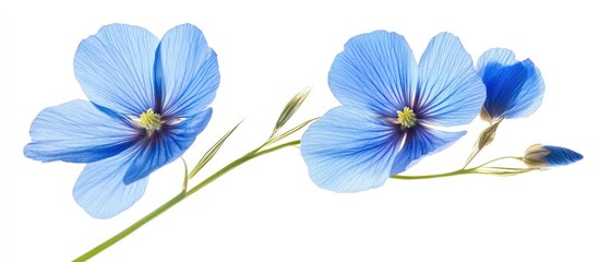 Fototapeta premium Vibrant blue flax flowers with intricate petal details against a white background for botanical studies and floral design inspiration