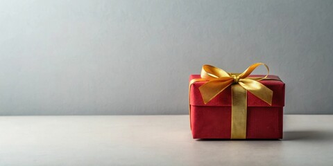 A small crimson gift box with a gold ribbon bow sits on a neutral surface against a simple background