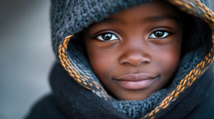 Portrait of a child in a cozy coat and beanie showcasing warm expression and captivating eyes in a cold weather setting