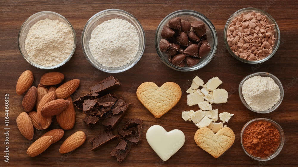 Canvas Prints Baking ingredients arranged for heart shaped biscuits cookies on a wooden surface with almonds chocolate and assorted toppings