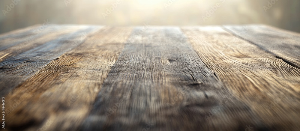Poster rustic wooden table surface in foreground with softly blurred background ideal for dining or interio